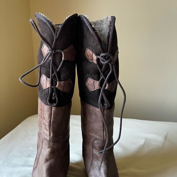 Eric Michael Two-Tone Leather Knee High Boots 39 Fur Lined Wedge Heel - Picture 5 of 10